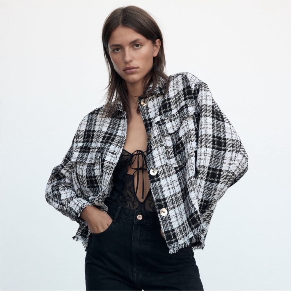Zara Black and White Plaid Varsity Jacket